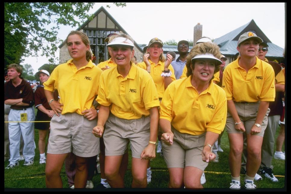 24 May 1997:  Linda Vollstedt (front right) and the Arizona State University women''s golf team celebrate before winning the NCAA women''s Division 1 Golf Championships at the Scarlet Course in Columbus, Ohio. Mandatory Credit: James Sabau  /Allsport