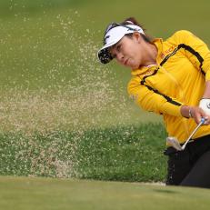 JERSEY CITY, NEW JERSEY - JUNE 04: Atthaya Thitikul of Thailand plays her shot from a bunker on the seventh hole during the final round of the Mizuho Americas Open at Liberty National Golf Club on June 4, 2023 in Jersey City, New Jersey. (Photo by Elsa/Getty Images)