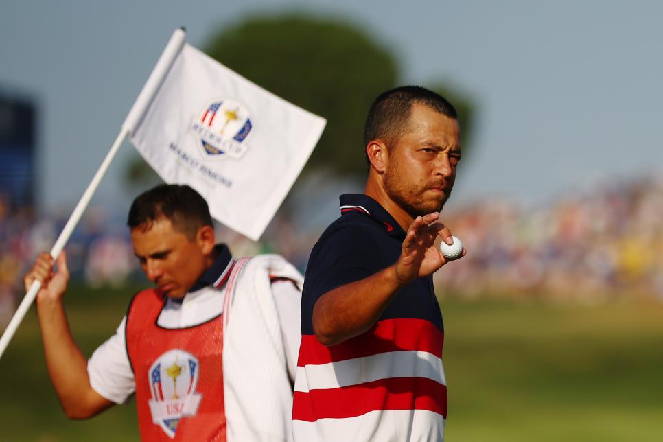 ROME, ITALY - OCTOBER 01: Xander Schauffele of Team United States acknowledges the crowd during the Sunday singles matches of the 2023 Ryder Cup at Marco Simone Golf Club on October 01, 2023 in Rome, Italy. (Photo by Maddie Meyer/PGA of America/PGA of America via Getty Images)